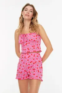 TRENDYOLMİLLA Pink 100% Cotton Cherry Patterned Rope Sleeveless OF shorts Knitting Pajama Set - Image 5