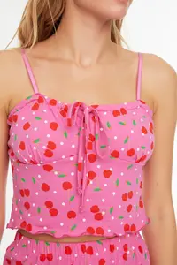 TRENDYOLMİLLA Pink 100% Cotton Cherry Patterned Rope Sleeveless OF shorts Knitting Pajama Set - Image 6
