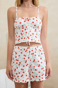 TRENDYOLMİLLA White 100% Cotton Cherry Patterned Rope Sleeveless OF shorts Knitting Pajama Set - Image 3
