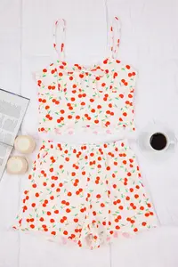 TRENDYOLMİLLA White 100% Cotton Cherry Patterned Rope Sleeveless OF shorts Knitting Pajama Set - Image 5