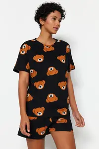 TRENDYOLMİLLA Women Family Black 100% Cotton Teddy Bear OF shorts Knitting Pajama Set - Image 3