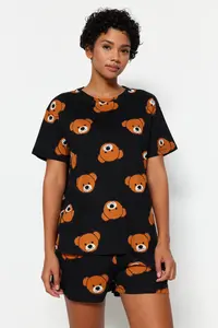 TRENDYOLMİLLA Women Family Black 100% Cotton Teddy Bear OF shorts Knitting Pajama Set - Image 4
