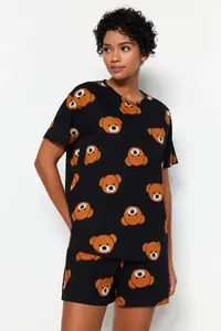 TRENDYOLMİLLA Women Family Black 100% Cotton Teddy Bear OF shorts Knitting Pajama Set - Image 5