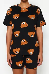 TRENDYOLMİLLA Women Family Black 100% Cotton Teddy Bear OF shorts Knitting Pajama Set - Image 6