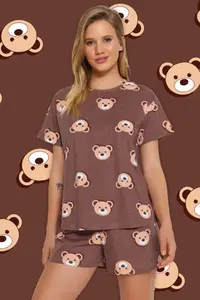 TRENDYOLMİLLA Brown 100% Cotton Teddy Bear OF shorts Knitting Pajama Set