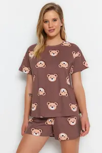 TRENDYOLMİLLA Brown 100% Cotton Teddy Bear OF shorts Knitting Pajama Set - Image 2