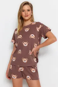 TRENDYOLMİLLA Brown 100% Cotton Teddy Bear OF shorts Knitting Pajama Set - Image 3