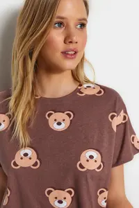 TRENDYOLMİLLA Brown 100% Cotton Teddy Bear OF shorts Knitting Pajama Set - Image 4