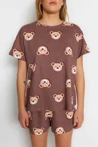 TRENDYOLMİLLA Brown 100% Cotton Teddy Bear OF shorts Knitting Pajama Set - Image 5