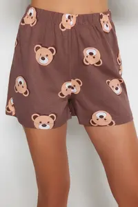TRENDYOLMİLLA Brown 100% Cotton Teddy Bear OF shorts Knitting Pajama Set - Image 7