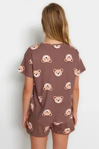TRENDYOLMİLLA Brown 100% Cotton Teddy Bear OF shorts Knitting Pajama Set - Image 9
