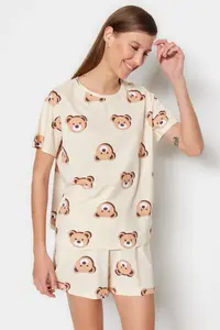 TRENDYOLMİLLA Ecru 100% Cotton Teddy Bear OF shorts Knitting Pajama Set