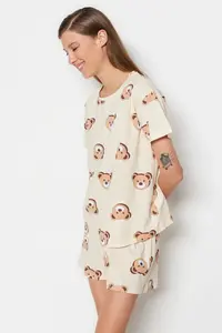 TRENDYOLMİLLA Ecru 100% Cotton Teddy Bear OF shorts Knitting Pajama Set - Image 2