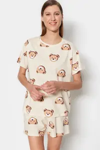 TRENDYOLMİLLA Ecru 100% Cotton Teddy Bear OF shorts Knitting Pajama Set - Image 3