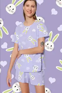 TRENDYOLMİLLA Lilac 100% Cotton Heart Rabbit Patterned OF shorts Knitting Pajama Set