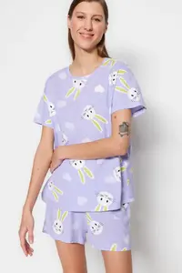 TRENDYOLMİLLA Lilac 100% Cotton Heart Rabbit Patterned OF shorts Knitting Pajama Set - Image 2