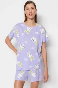 TRENDYOLMİLLA Lilac 100% Cotton Heart Rabbit Patterned OF shorts Knitting Pajama Set - Image 3