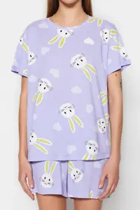 TRENDYOLMİLLA Lilac 100% Cotton Heart Rabbit Patterned OF shorts Knitting Pajama Set - Image 5