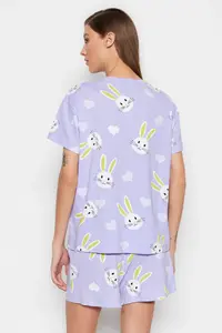 TRENDYOLMİLLA Lilac 100% Cotton Heart Rabbit Patterned OF shorts Knitting Pajama Set - Image 6