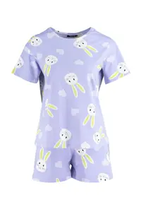 TRENDYOLMİLLA Lilac 100% Cotton Heart Rabbit Patterned OF shorts Knitting Pajama Set - Image 7