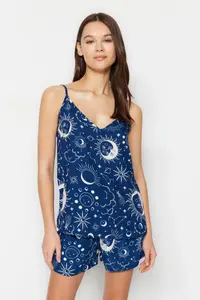 TRENDYOLMİLLA Indigo Galaxy Patterned Rope Sleeveless Viscose OF shorts Weaving Pajama Set - Image 2