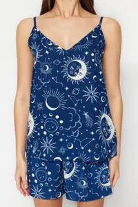TRENDYOLMİLLA Indigo Galaxy Patterned Rope Sleeveless Viscose OF shorts Weaving Pajama Set - Image 3