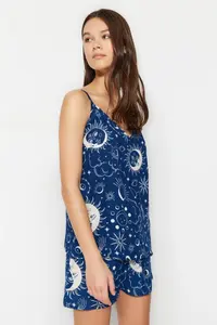 TRENDYOLMİLLA Indigo Galaxy Patterned Rope Sleeveless Viscose OF shorts Weaving Pajama Set - Image 6