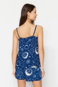 TRENDYOLMİLLA Indigo Galaxy Patterned Rope Sleeveless Viscose OF shorts Weaving Pajama Set - Image 7