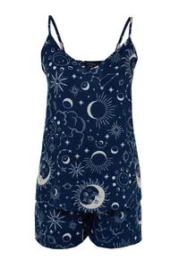 TRENDYOLMİLLA Indigo Galaxy Patterned Rope Sleeveless Viscose OF shorts Weaving Pajama Set - Image 8