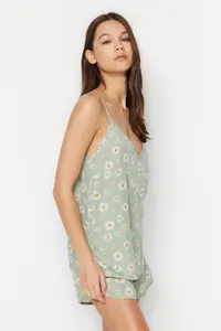 TRENDYOLMİLLA Light Green flower patterned Rope Sleeveless Viscose OF shorts Weaving Pajama Set