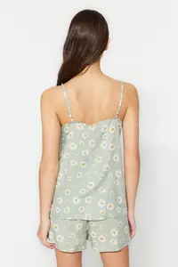 TRENDYOLMİLLA Light Green flower patterned Rope Sleeveless Viscose OF shorts Weaving Pajama Set - Image 7