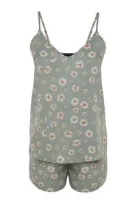 TRENDYOLMİLLA Light Green flower patterned Rope Sleeveless Viscose OF shorts Weaving Pajama Set - Image 8