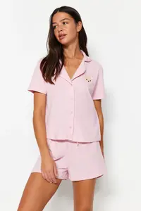 TRENDYOLMİLLA Light Pink Teddy Bear OF shorts Knitting Pajama Set - Image 2