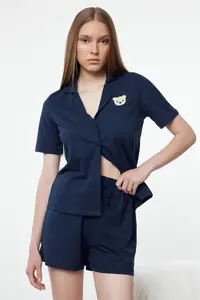 TRENDYOLMİLLA Navy Blue Teddy Bear Embroidered OF shorts Knitting Pajama Set - Image 2
