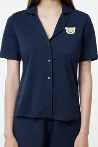 TRENDYOLMİLLA Navy Blue Teddy Bear Embroidered OF shorts Knitting Pajama Set - Image 3