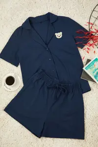 TRENDYOLMİLLA Navy Blue Teddy Bear Embroidered OF shorts Knitting Pajama Set - Image 6