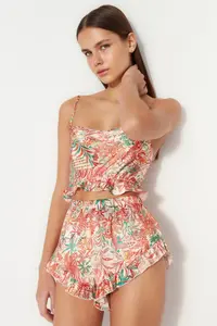TRENDYOLMİLLA Multicolored Floral Frilly and Back Rope Sleeveless Satin OF shorts Weaving Pajama Set - Image 3