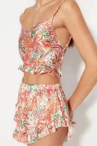 TRENDYOLMİLLA Multicolored Floral Frilly and Back Rope Sleeveless Satin OF shorts Weaving Pajama Set - Image 5