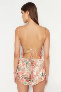 TRENDYOLMİLLA Multicolored Floral Frilly and Back Rope Sleeveless Satin OF shorts Weaving Pajama Set - Image 6