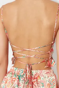 TRENDYOLMİLLA Multicolored Floral Frilly and Back Rope Sleeveless Satin OF shorts Weaving Pajama Set - Image 7