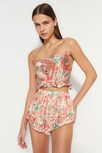 TRENDYOLMİLLA Multicolored Floral Frilly and Back Rope Sleeveless Satin OF shorts Weaving Pajama Set - Image 8