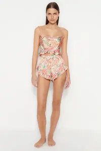 TRENDYOLMİLLA Multicolored Floral Frilly and Back Rope Sleeveless Satin OF shorts Weaving Pajama Set - Image 9