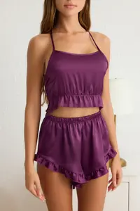 TRENDYOLMİLLA Plum Frilly and Back Rope Sleeveless Satin OF shorts Weaving Pajama Set - Image 6