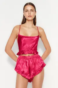 TRENDYOLMİLLA Fuchsia Frilly and Back Rope Sleeveless Satin OF shorts Weaving Pajama Set - Image 3