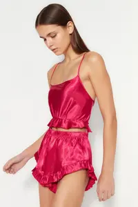 TRENDYOLMİLLA Fuchsia Frilly and Back Rope Sleeveless Satin OF shorts Weaving Pajama Set - Image 4
