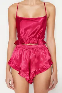 TRENDYOLMİLLA Fuchsia Frilly and Back Rope Sleeveless Satin OF shorts Weaving Pajama Set - Image 5