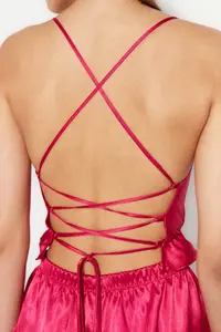 TRENDYOLMİLLA Fuchsia Frilly and Back Rope Sleeveless Satin OF shorts Weaving Pajama Set - Image 6
