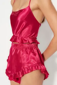 TRENDYOLMİLLA Fuchsia Frilly and Back Rope Sleeveless Satin OF shorts Weaving Pajama Set - Image 7