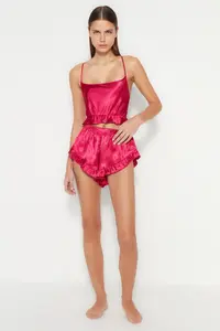TRENDYOLMİLLA Fuchsia Frilly and Back Rope Sleeveless Satin OF shorts Weaving Pajama Set - Image 9