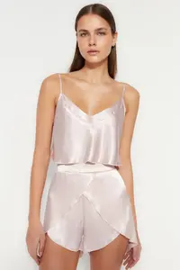 TRENDYOLMİLLA Powder Pink Satin Rope Sleeveless OF shorts Weaving Pajama Set - Image 2